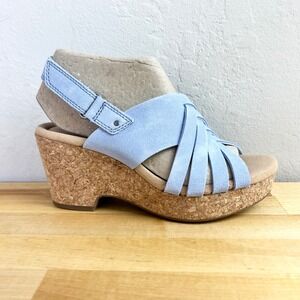 Clarks Wedges Giselle Powder Blue Suede Strappy Cork Platform Sandals Size 6
